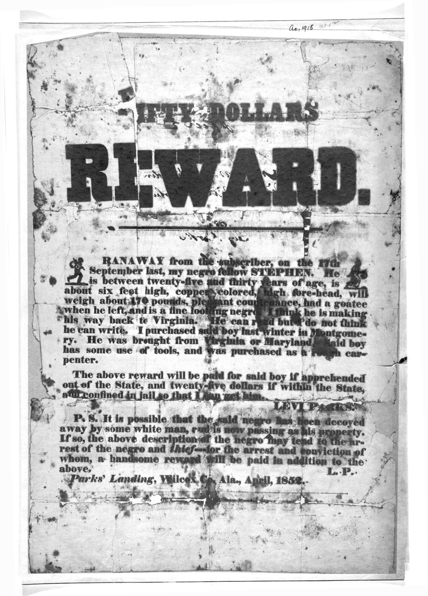 Poster Offering Fifty Dollars Reward For The Capture Of A Runaway Slave 